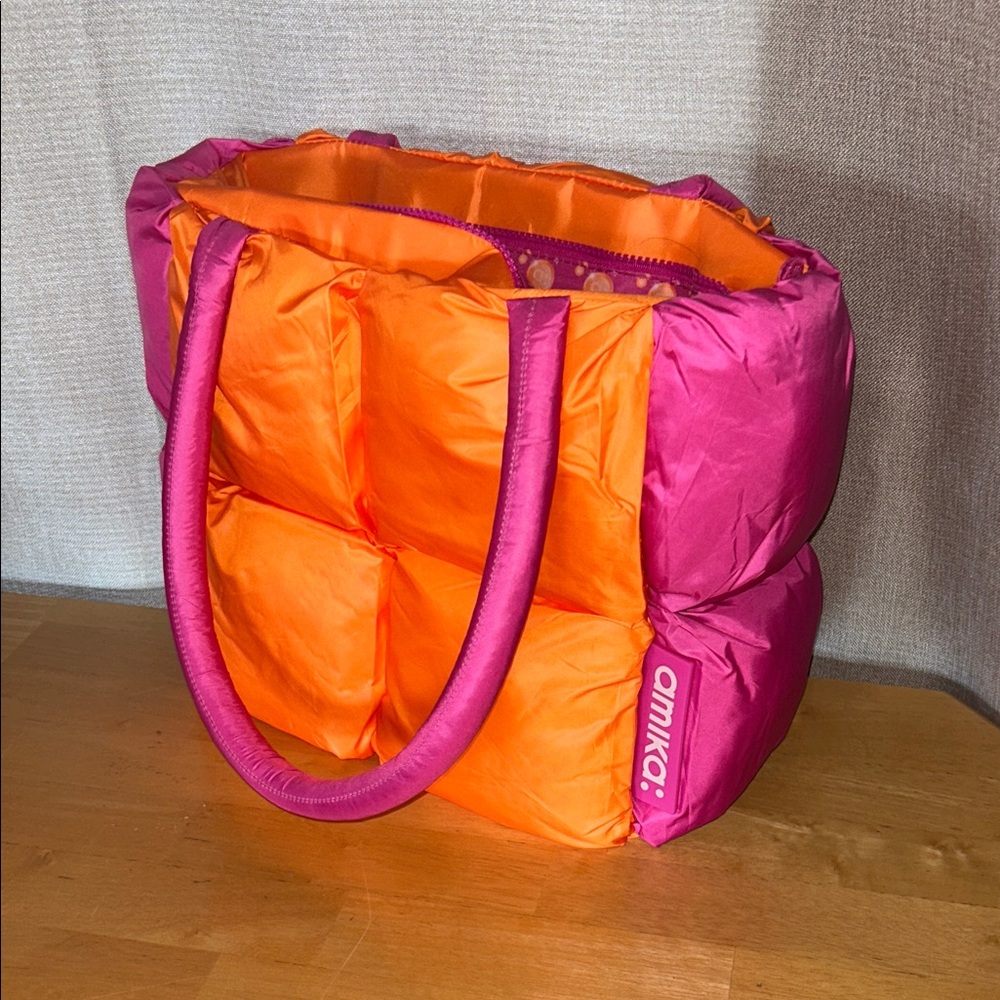Amika Vibrant Pink and Orange Puffer Tote Bag